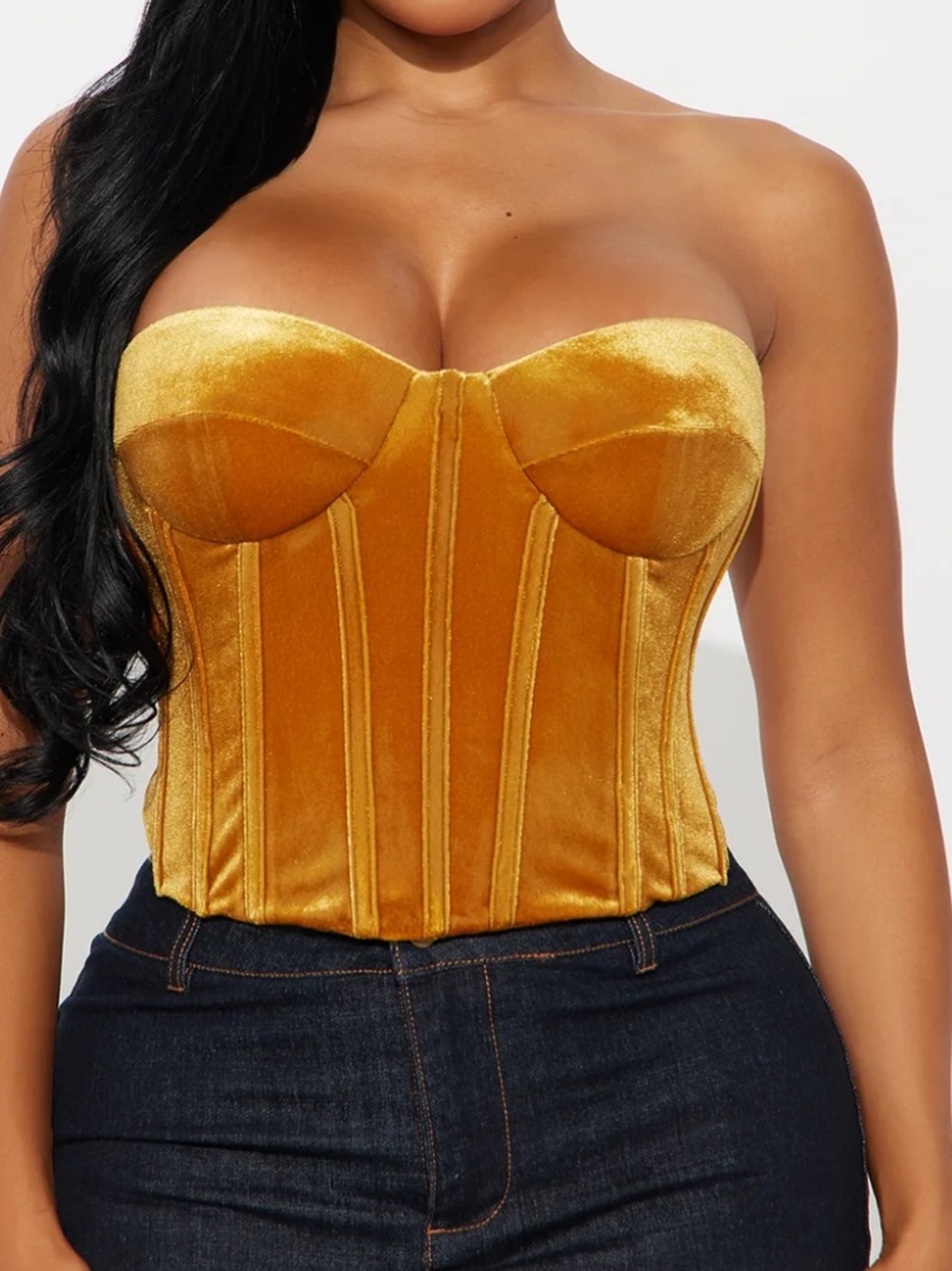 Fashion Nova Velvet Strapless Corset in Mustard